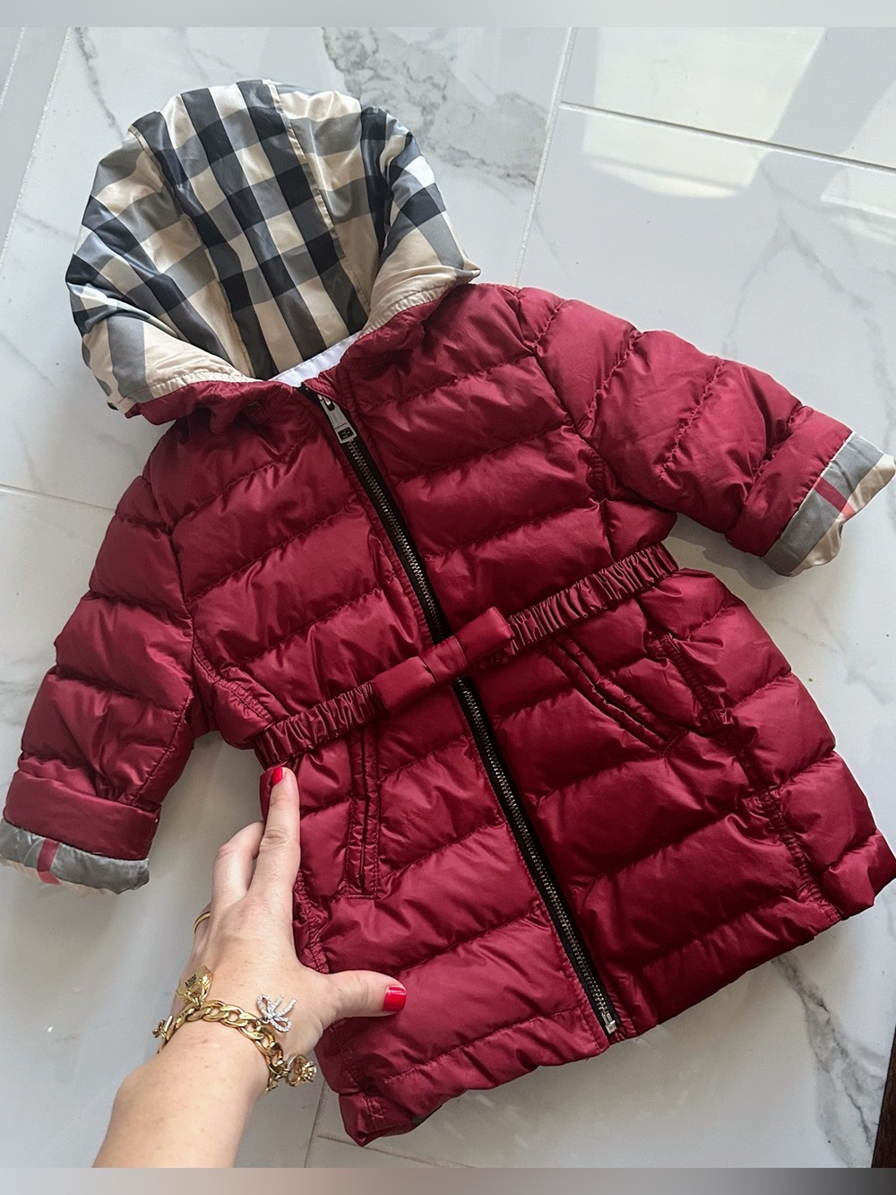 Authentic BURBERRY Baby Girl Jacket Coat Hooded Check Puffer Bow Winter 9-12 mnt